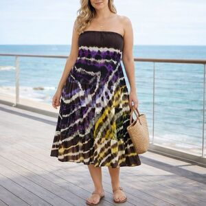 Ema G Maxi Boho Strapless Maxi Dress XL Brown Tie Dye Tiered Ruffle Festival